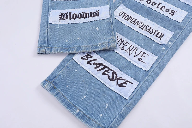 fashion skull graffiti patchwork denim jeans mens zipper jeans hip hop streetwear casual harajuku straight joggers jeans pants unique joggers style 5485
