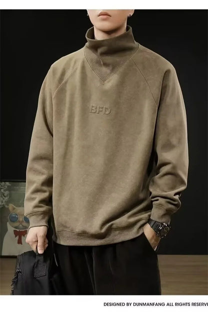 Autumn Suede Turtleneck Long Sleeve Sweatshirts Men Letter Foam Print Patchwork Crewneck Pullover Hoodie Y2K Streetwear Clothes Street King Limited