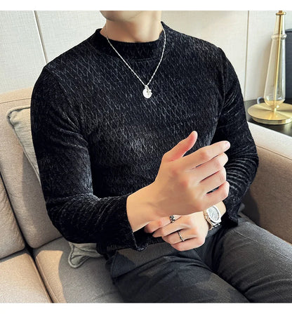 Autumn Winter Semi-turtleneck Stretch Slim Fit Long Sleeve Tshirt Men Thicken Velvet Jacquard Casual T-shirt Bottom T Shirt Street King Limited