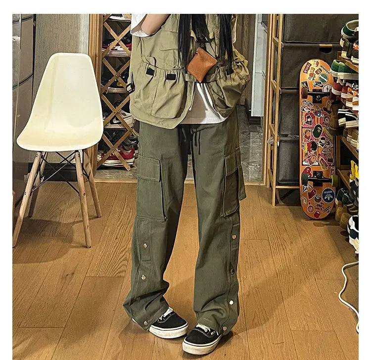 Fashionable Korean style gothic buttoned overalls pants men summer Harajuku street y2k hip hop casual retro sports pants Street King Limited
