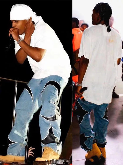 letter embroidery pu leaher patchwork baggy y2k jeans mens streetwear straight oversized denim trousers unisex cargo pants baggy cargo bottoms