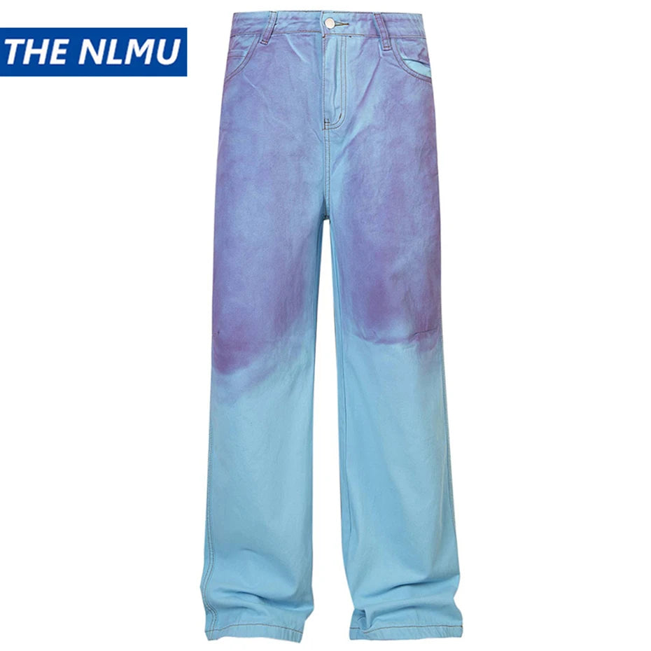 mens fashion baggy jeans dirty tie dye loose straight denim pants harajuku streetwear hip hop jeans trousers man vintage washed jeans