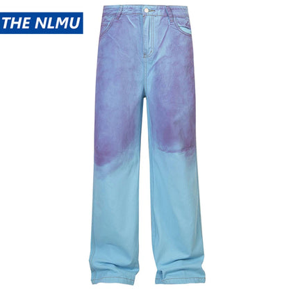 mens fashion baggy jeans dirty tie dye loose straight denim pants harajuku streetwear hip hop jeans trousers man vintage washed jeans