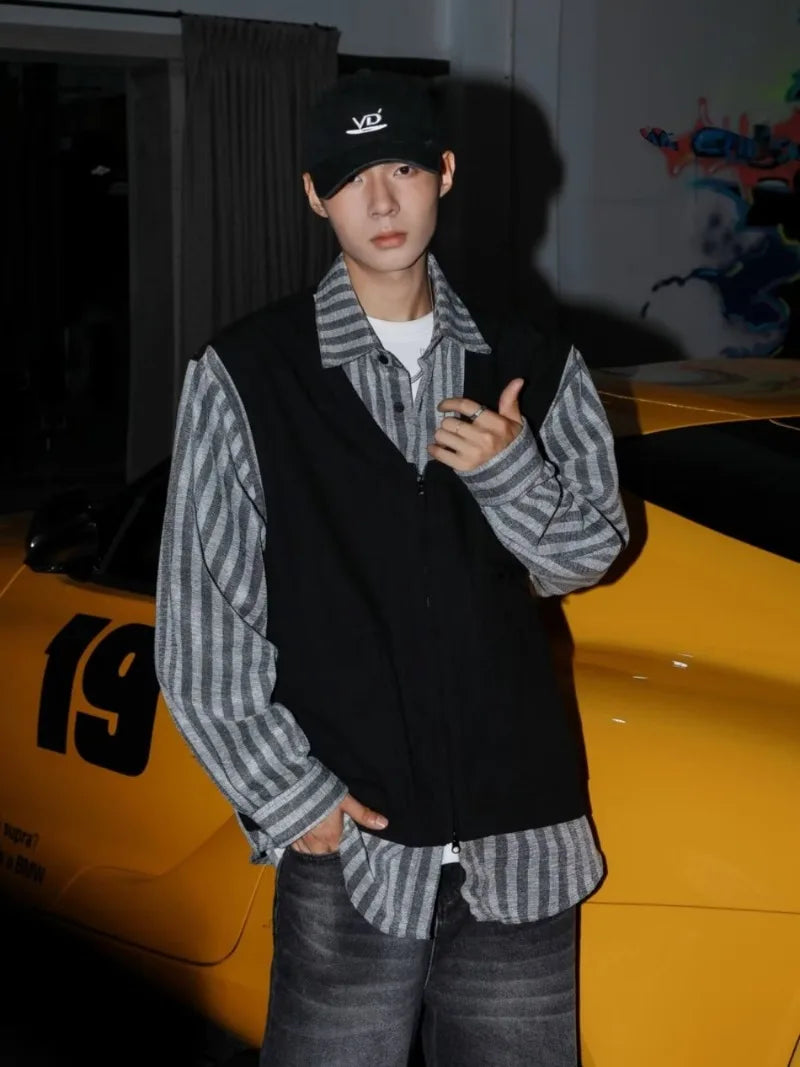 striped mens shirt jacket 2024 spring japanese street color blocked fake two coats vest tooling trend zipper long sleeved tops unique default style 2391