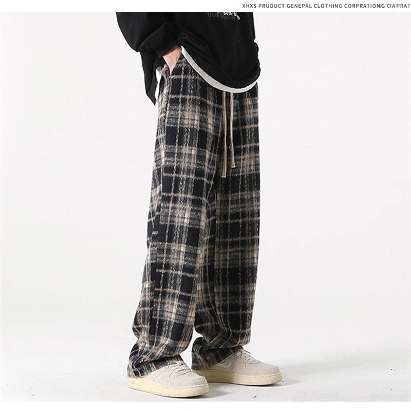 new mens y2k plaid casual baggy trousers autumn korean fashion straight woolen pants y2k vintage streetwear pantalones hombre unique default style 415
