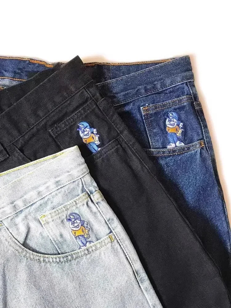Hip Hop Gothic Cartoon Big Boy Graphic Embroidery Baggy Jeans Black Pants Jeans Y2K Mens Womens Harajuku High Waist Wide Trouser Street King Limited