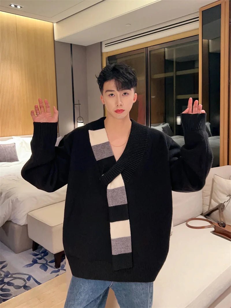 New Men's Scarf Collar Striped V-neck Sweater Female Long Sleeve Autumn Knitted Jumpers Korean Fashion Y2K Patchwork Knitwear Street King Limited