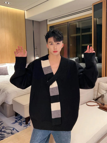 New Men's Scarf Collar Striped V-neck Sweater Female Long Sleeve Autumn Knitted Jumpers Korean Fashion Y2K Patchwork Knitwear Street King Limited