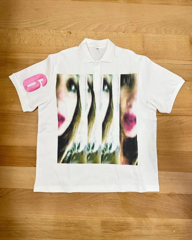 Y2k Harajuku Hip-hop Retro Cartoon Printed Lapel Short-sleeved Top Street Loose Casual Trendy Brand Versatile Couple T-shirt Street King Limited
