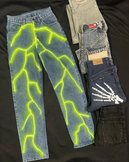 hip hop casual green lightning pattern mens pants sweatpants y2k men jeans street straight harajuku streetwear men clothing urban active pants