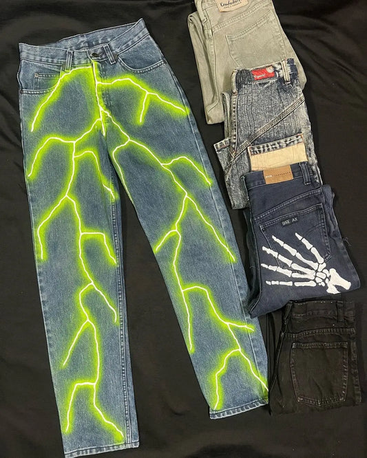 hip hop casual green lightning pattern mens pants sweatpants y2k men jeans street straight harajuku streetwear men clothing urban active pants
