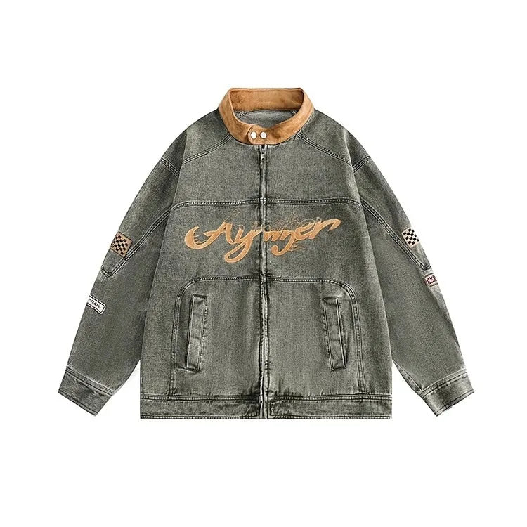 motorcycle hip hop mens cowboy jackets autumn 2024 embroidered washed trend denim coats stand collar color blocking outwear unique jeans style 2779
