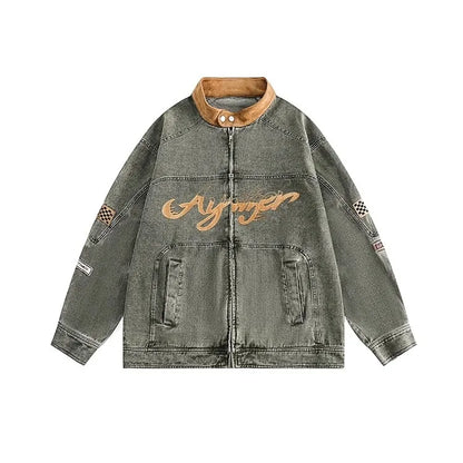 motorcycle hip hop mens cowboy jackets autumn 2024 embroidered washed trend denim coats stand collar color blocking outwear unique jeans style 2779