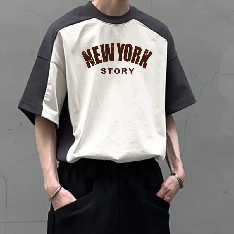 European and American high street Hong Kong style color-blocked short-sleeved T-shirts for men and women retro tops new style Street King Limited