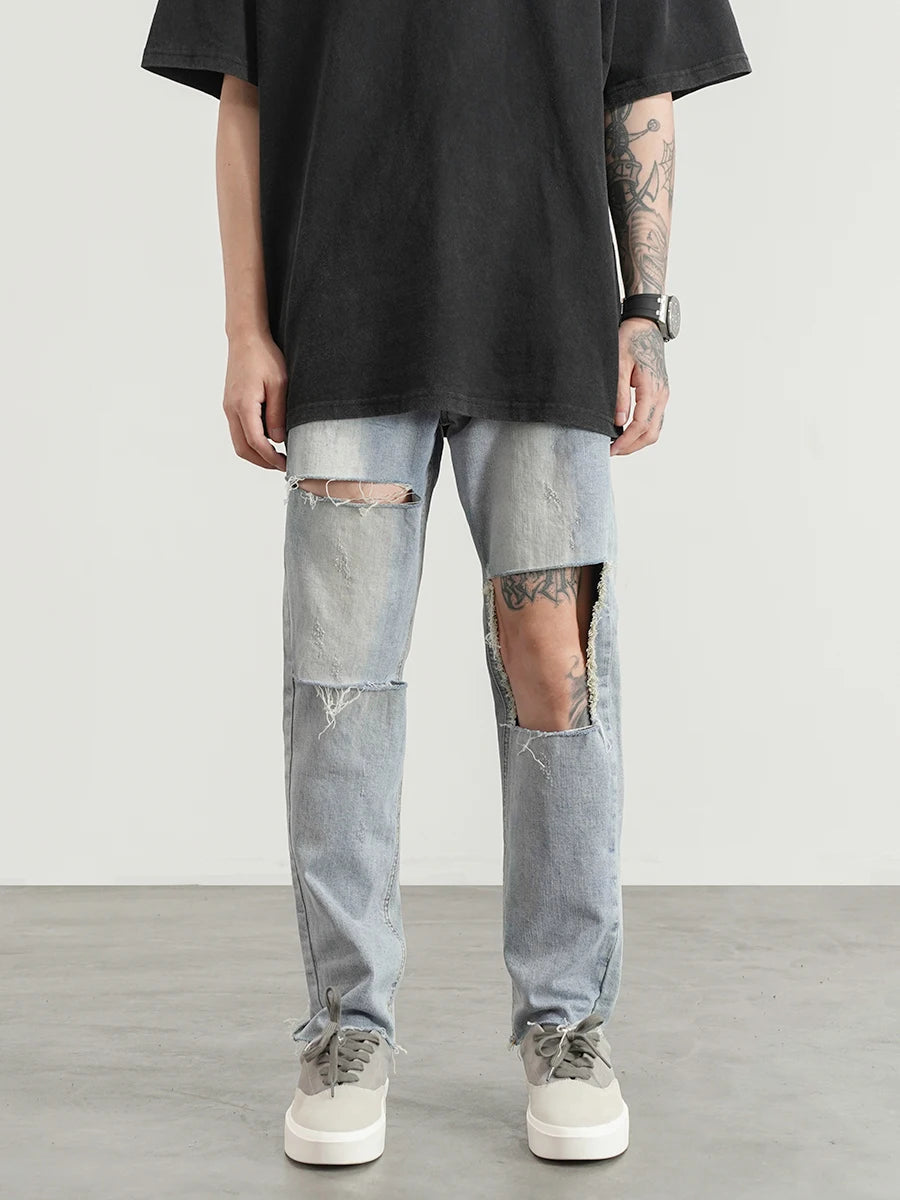 destroied big holes ripped denim jeans mens distressed biker jeans fashion high street slim straight pants streetwear joggers streetwear sweatpants