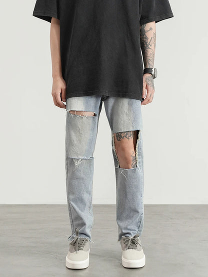 destroied big holes ripped denim jeans mens distressed biker jeans fashion high street slim straight pants streetwear joggers streetwear sweatpants