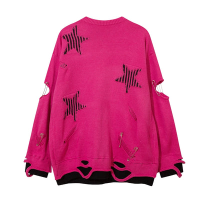 2023 Hip Hop Knitted Sweater Streetwear Star Graphic Distressed Ripped Pullover Men Harajuku Casual Knitwear Unisex Punk Street King Limited