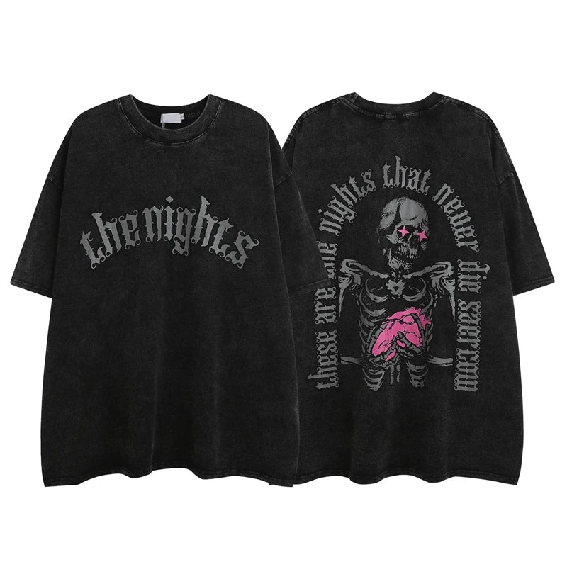 2023 Streetwear T Shirt Skull Skeleton Graphic Hip Hop Oversized T-Shirt Men Cotton Tops Tees Retro Washed Black Tshirt Hipster Street King Limited