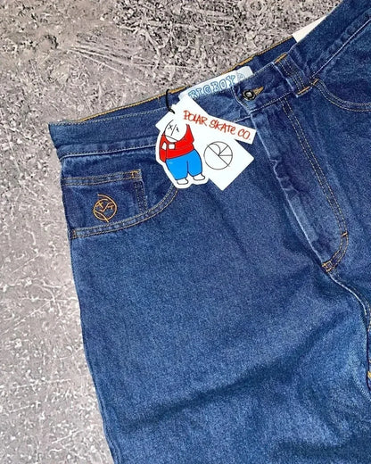 hip hop streetwear big boy jeans y2k pattern embroidery retro blue baggy jeans pants men women fashion pants clothing stacked flare jeans