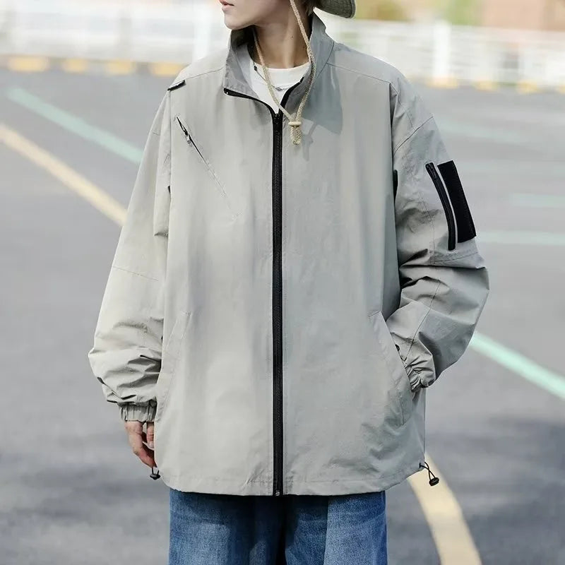 Outdoor Mens Charge Jacket Retro Loose Stand Collar Waterproof Tooling Coats Thin Color Blocked Zipper Hiking Windbreaker Street King Limited