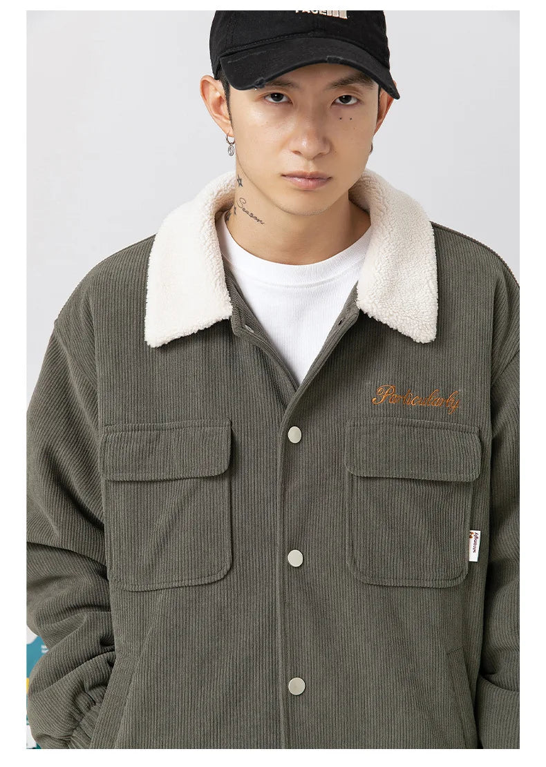 fashion men lamb fleece polo collar cotton padded coat winter embroidery loose thicken warm corduroy wadded jacket male outwear unique default style 6042