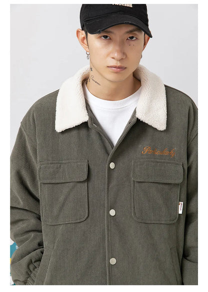 fashion men lamb fleece polo collar cotton padded coat winter embroidery loose thicken warm corduroy wadded jacket male outwear unique default style 6042