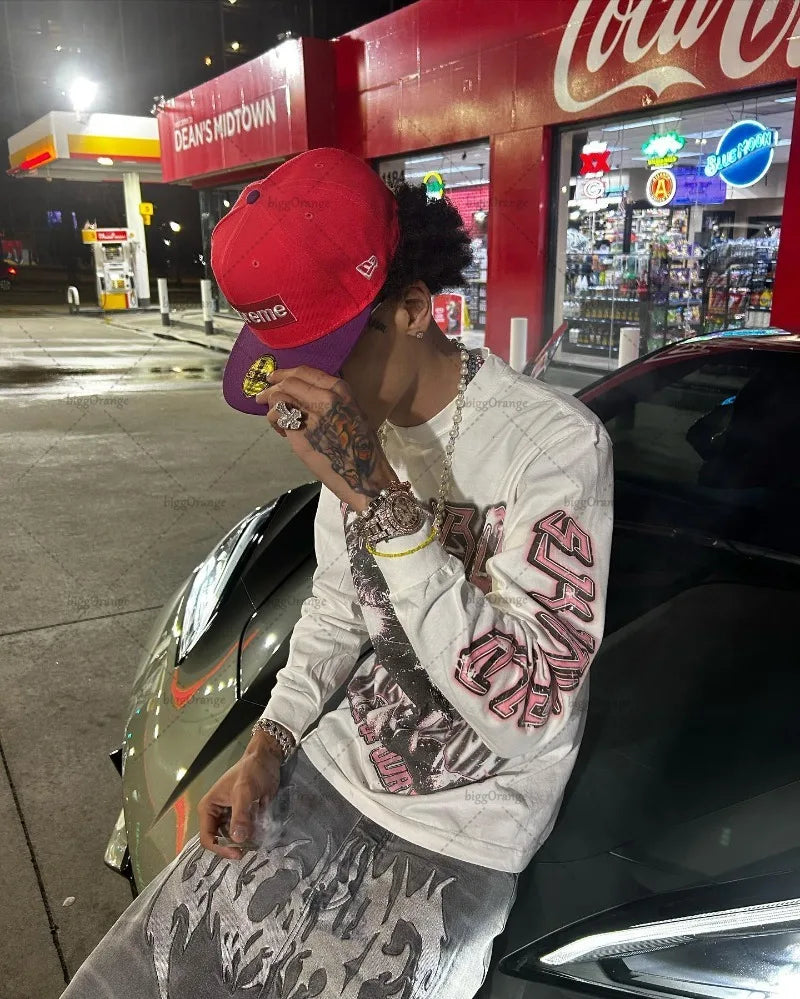 American Street Hip-hop Oversized Pullover Punk Goth Pattern Printed Long-sleeved Top Men Harajuku Trendy Brand Clothing Casual Street King Limited