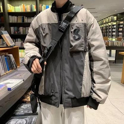 multi pocket bomber jacket men vintage loose varsity coat fashion korean patchwork baseball pilot outerwear unisex spring autumn relaxed fit trousers