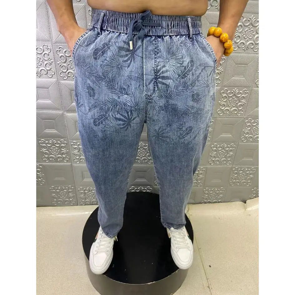 Summer Thin Loose Wide-leg Men Jeans Soft Lyocell Elastic Fashion Casual Straight Drawstring Denim Trousers Black Blue Gray Street King Limited