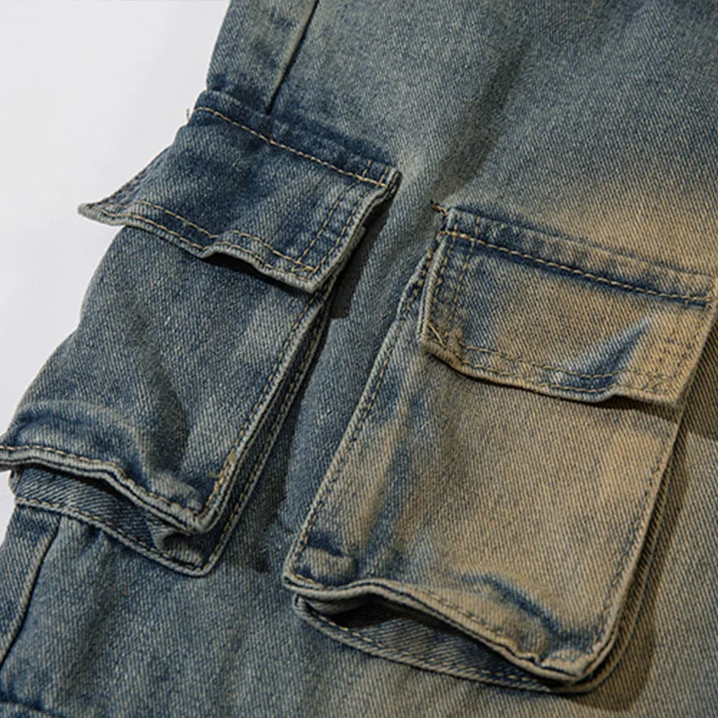Men's Cargo Pants Multi-Pocket High Street Jeans Blue Washed Distressed Trousers Hip-Hop Straight Leg Trousers Loose Jeans Street King Limited