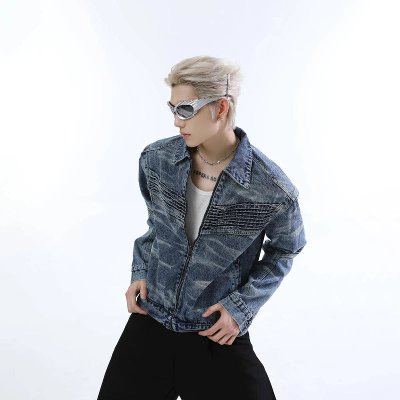 vintage washed mens denim jacket heavy weight high street contour pleat design cowboy coats short motorcycle hip hop outwear denim street jeans