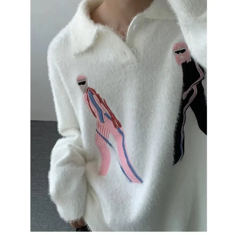 Korean Embroidery Lapel Sweater Mens Spring Street Trends Soft Seahorse Hair Loose Pullover Thickening Y2K Couple Knitwear New Street King Limited