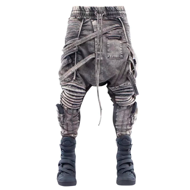 vintage motorcycle trousers joggers mens asymmetric straped pleated cross pants function elastic waist trousers unique joggers style 3582
