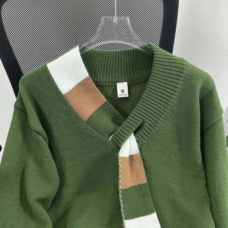 New Men's Scarf Collar Striped V-neck Sweater Female Long Sleeve Autumn Knitted Jumpers Korean Fashion Y2K Patchwork Knitwear Street King Limited