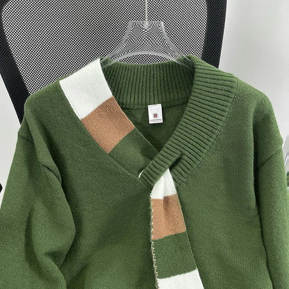 New Men's Scarf Collar Striped V-neck Sweater Female Long Sleeve Autumn Knitted Jumpers Korean Fashion Y2K Patchwork Knitwear Street King Limited