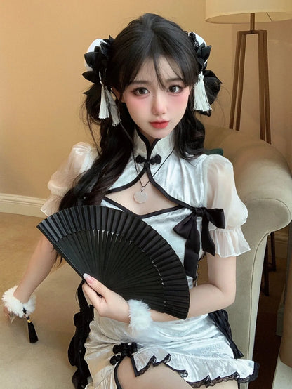 Vintage Chinese Style Cheongsam High Split Mini Dress 2024 Tie Dye Gothic Women Aesthetic Bandage Dresses Y2k Sexy Bodycon Robe Street King Limited