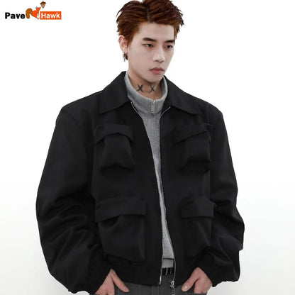spring american pilot jacket mens street trend three dimensional multi pockets shoulder padded coats high street outwear unisex relaxed fit trousers