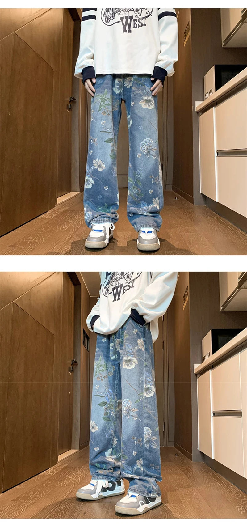 american high street floral printed jeans for men 2024 new y2k vintage denim trousers hip hop fashion wide leg baggy jean pants unique jeans style 397