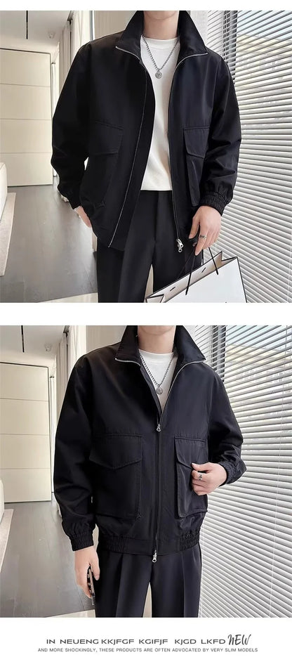 autumn solid color cargo jackets for men new korean fashion zipper cardigan coats stand collar streetwear bomber jacket hombre unique cargo style 1660
