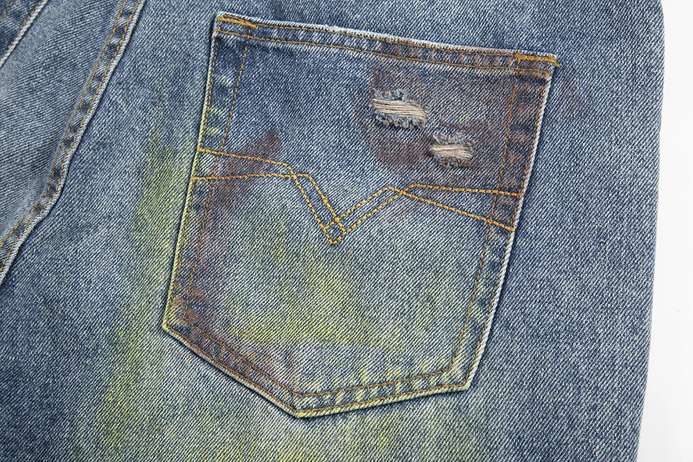 green painted hole washed blue baggy jeans mens streetwear distressed casual loose denim trousers ropa hombre frayed cargo pants unique cargo style 4336