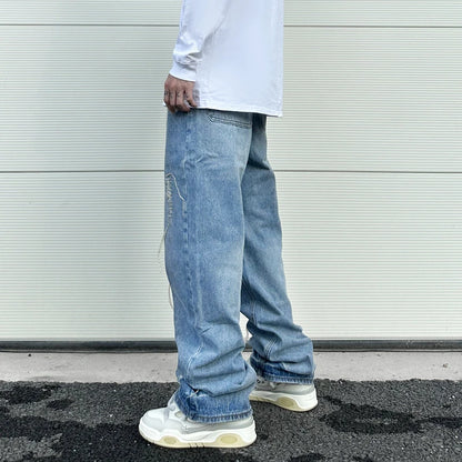 fashion loose streetwear denim jeans new casual wide legs straight jean pants hip hop tassel joggers baggy jeans men clothing unique joggers style 4891
