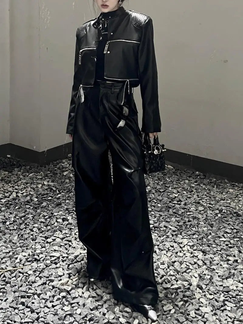european and american heavy industry multi zipper design spider web shoulder pad leather jacket for women 2024 new jacket top unique default style 1576