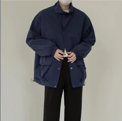 japanese spring jacket mens single breasted stand collar harajuku unisex coats solid big pocket drawstring casual men outwear unique default style 1886
