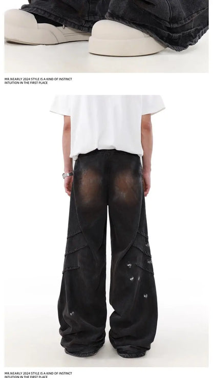 american high street scratch design men and women trendy retro straight leg jeans couple street loose wide leg casual pants y2k unique jeans style 4426