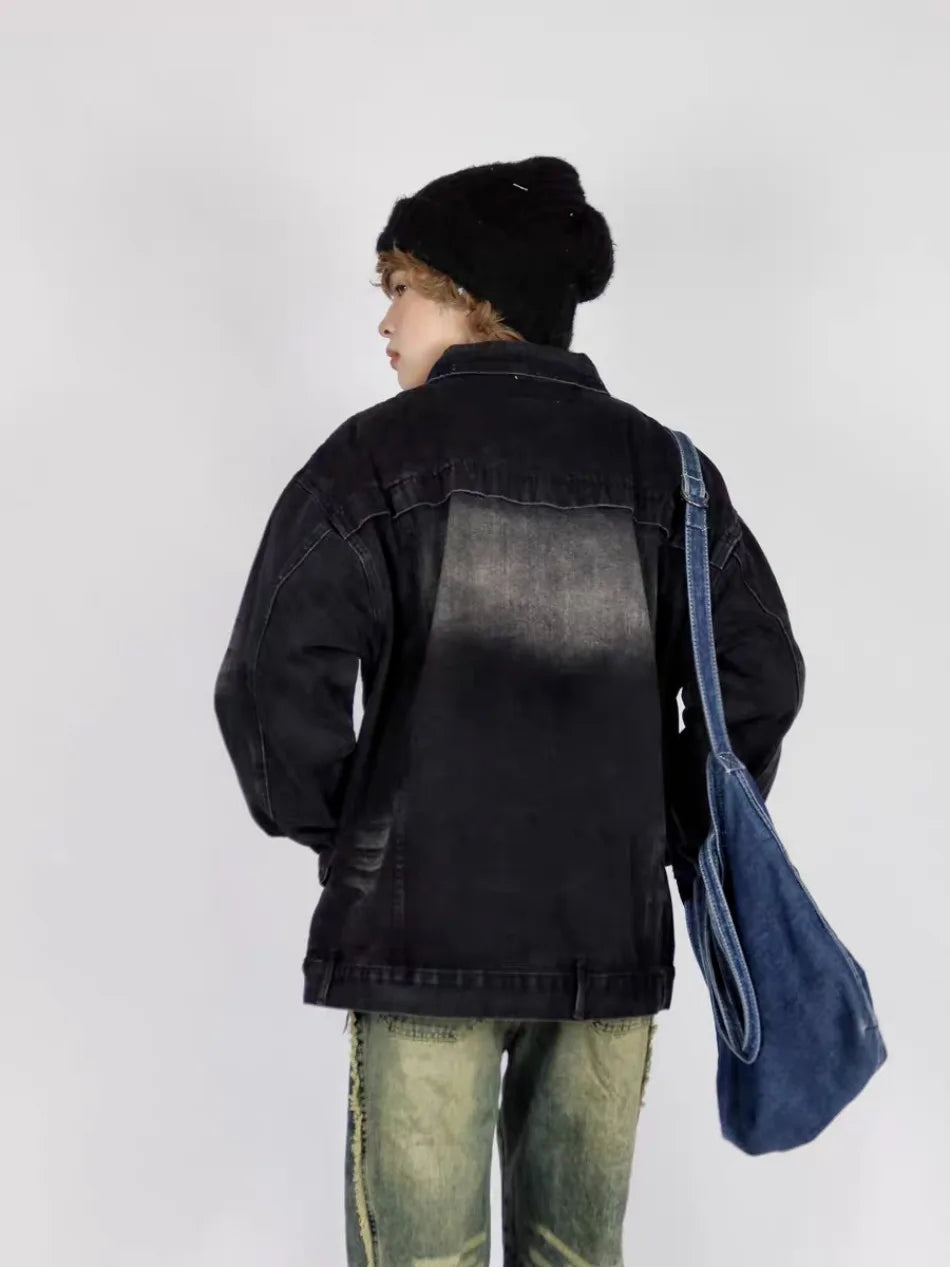 high street washed denim jacket mens 2024 spring trend oversize hip hop male coats color blocking motorcycle street outwear y2k unique jeans style 3631