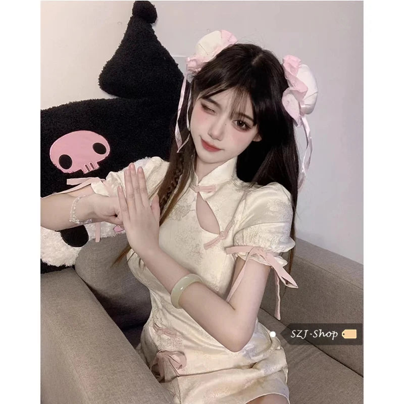 Vintage Chinese Style Cheongsam High Split Mini Dress 2024 Tie Dye Gothic Women Aesthetic Bandage Dresses Y2k Sexy Bodycon Robe Street King Limited