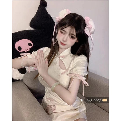 Vintage Chinese Style Cheongsam High Split Mini Dress 2024 Tie Dye Gothic Women Aesthetic Bandage Dresses Y2k Sexy Bodycon Robe Street King Limited