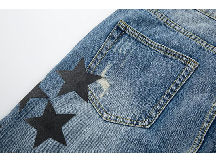 fashion ripped destroied jeans trousers distressed biker jeans with stars high street slim pants joggers denim jeans for men unique joggers style 2255