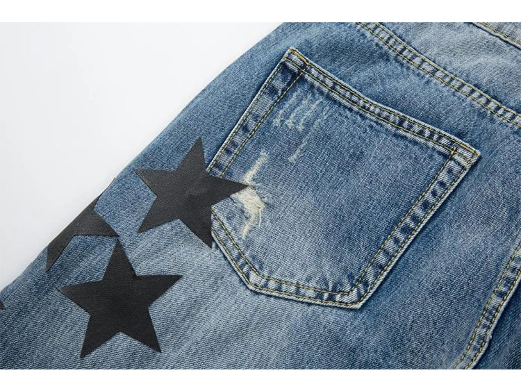 fashion ripped destroied jeans trousers distressed biker jeans with stars high street slim pants joggers denim jeans for men unique joggers style 2238