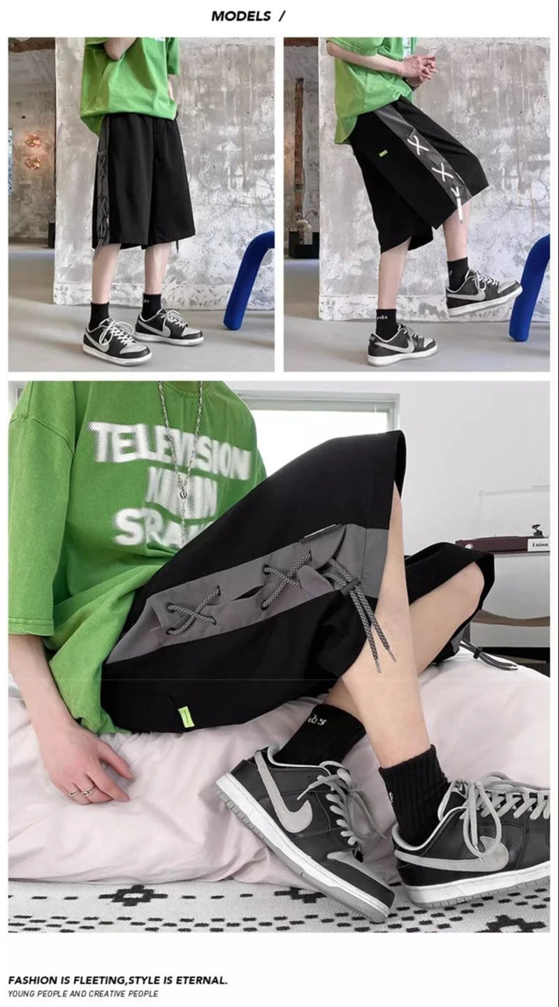 mens stitching rope athletic shorts drawstring breathable patchwork short pants summer outdoor streetwear y2k bermudas hombre unique shorts style 3228